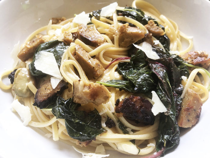 Amaranth Greens Sausage Parmesan Pasta Recipe - plated